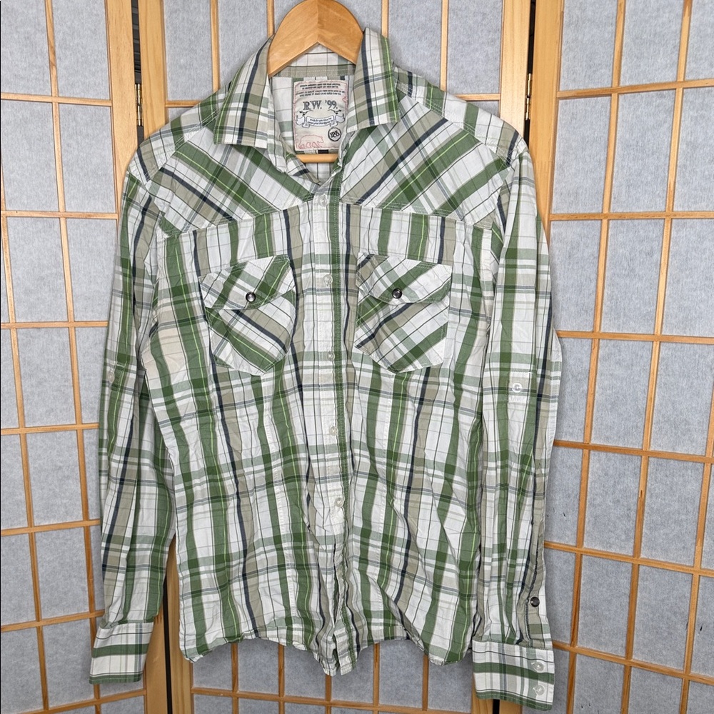 RW&CO. White and Tan Plaid Button-Down Shirt